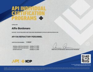 API Individual Certification Programs certificate for Alfio Bordonaro, certifying as API 936 Refractory Personnel, issued on October 31, 2023, valid until October 31, 2026. This esteemed API credential demonstrates proficiency and expertise in refractory practices according to industry standards.