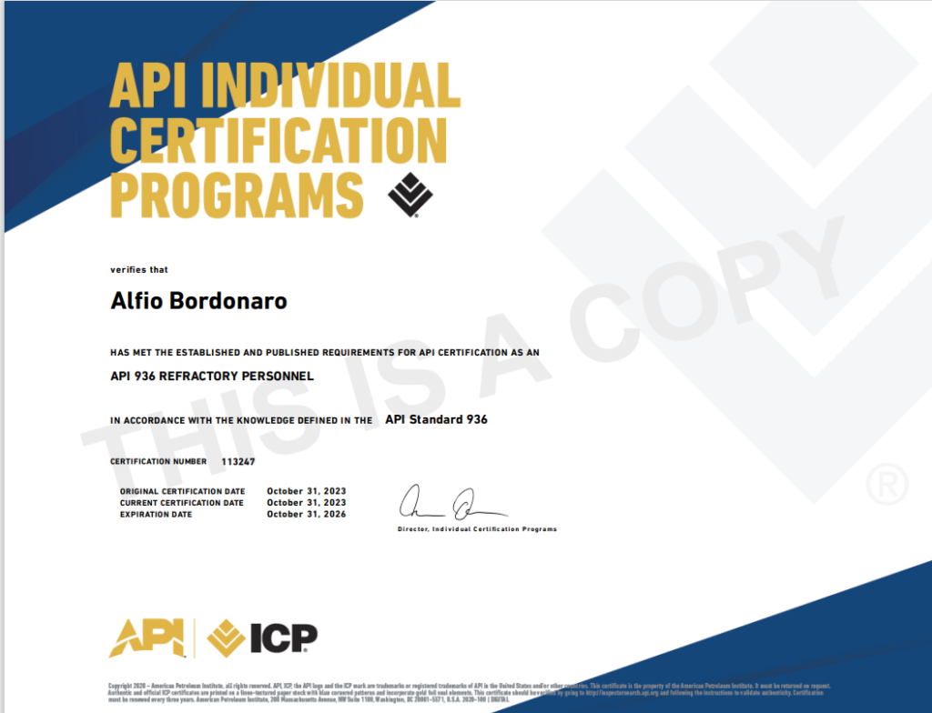 A certificate for the API-936 individual certification program.