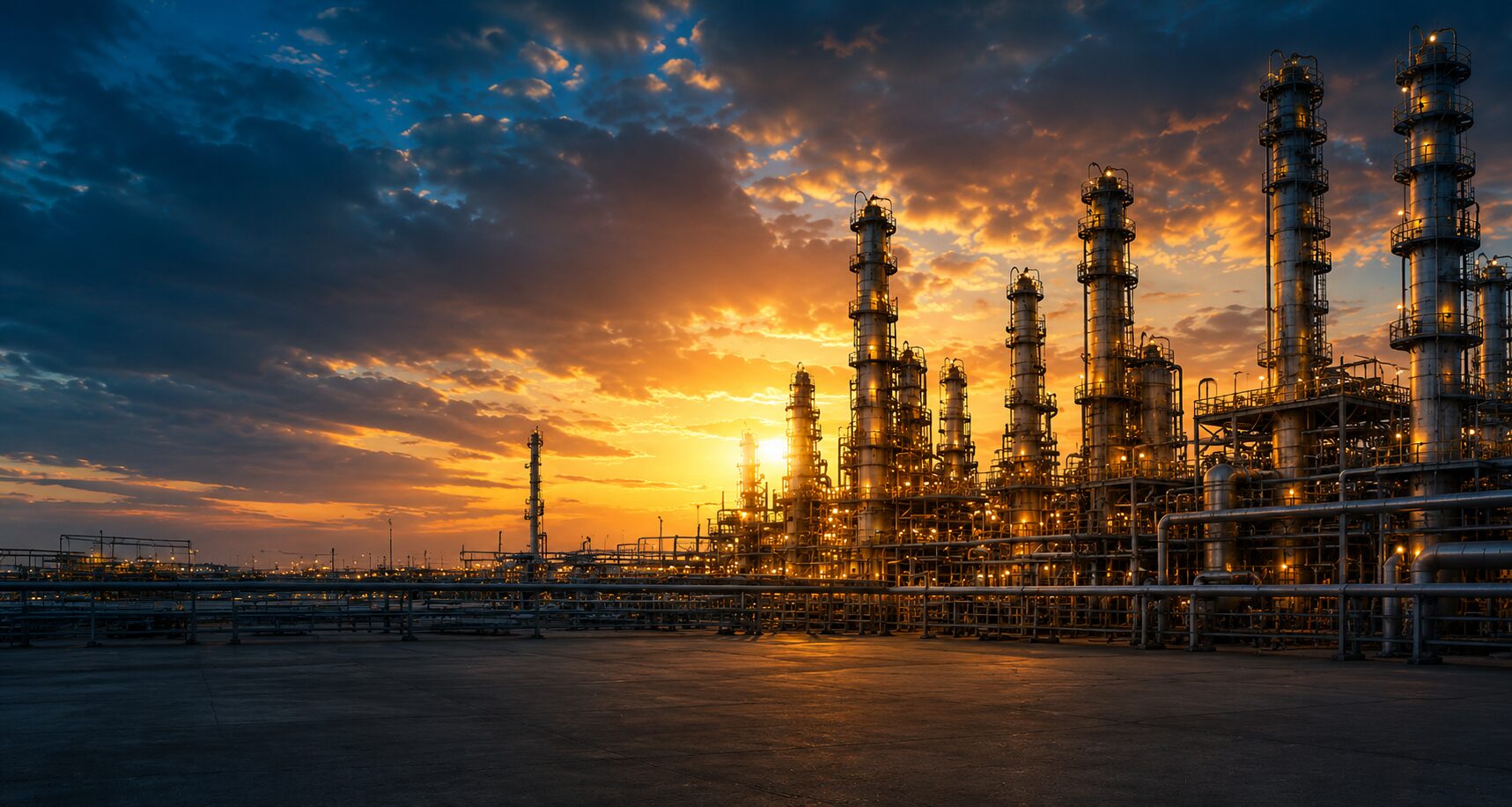 Industrial refinery complex with tall towers and lit pipes at sunset, under a dramatic sky with clouds, showcasing advanced Refractory Services that ensure safety and efficiency throughout the facility.